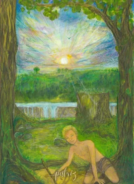 Ilustrace do knihy Velké Rhodovo dobrodružství, akvarel/akryl, pastelky.